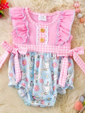 Pink & Blue Gingham Chicken Romper